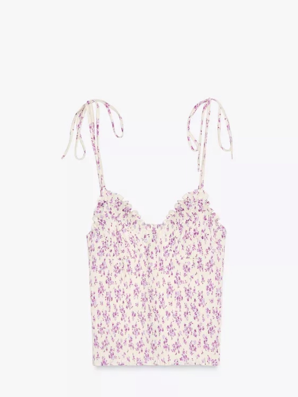 Zara medium shirred Floral Tie-Shoulder Camisole in Cream and Lilac